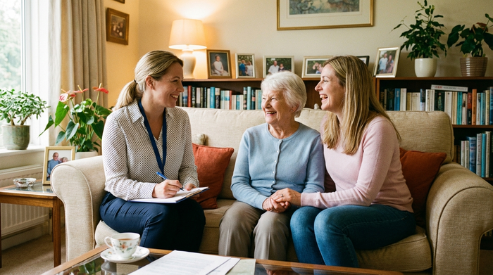 Ein freundlicher Gutachter mit Notizblock sitzt im Gespräch mit einer Seniorin und ihrer Tochter auf einem Sofa. Entspannte, unterstützende Atmosphäre im heimischen Wohnzimmer.