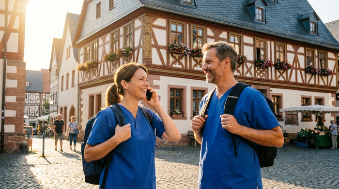 Zwei Pflegekräfte besprechen sich lächelnd auf der Straße vor einem typischen hessischen Fachwerkhaus im Sonnenlicht. Sie strahlen Kompetenz und Zuverlässigkeit aus.