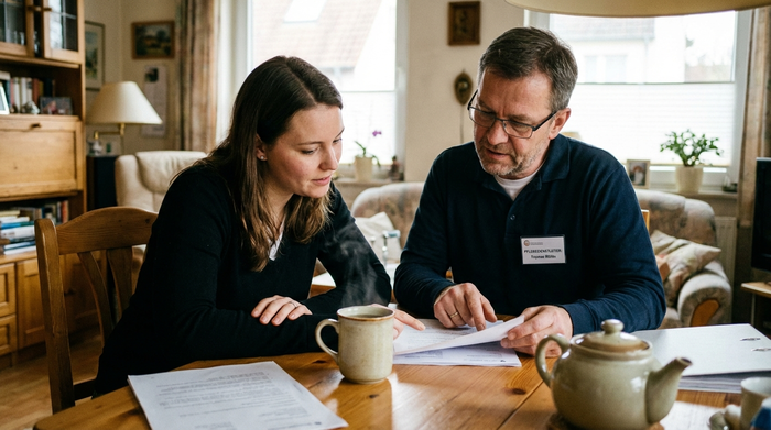 Eine Tochter und ein Pflegedienstleiter sitzen am Tisch und gehen gemeinsam konzentriert Dokumente durch. Eine Tasse Tee steht auf dem Tisch. Vertrauensvolle Beratungssituation.