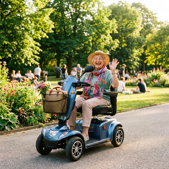 Eine ältere Dame fährt fröhlich mit einem modernen Elektromobil durch einen grünen Park an einem sonnigen Nachmittag. Unabhängigkeit und Lebensfreude im Alter.
