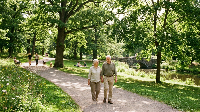 Ein älteres Ehepaar spaziert entspannt an einem sonnigen Tag durch einen schönen Park mit großen grünen Bäumen und gepflegten Wegen. Realistische, friedliche und lebensbejahende Atmosphäre im Grünen.