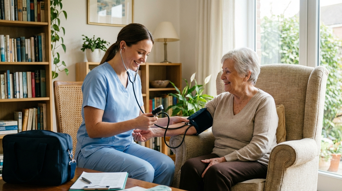 Eine professionelle Pflegekraft in sauberer, hellblauer Berufskleidung misst schonend den Blutdruck einer älteren Dame im heimischen Wohnzimmer. Helle, freundliche Umgebung, die medizinische Fachkompetenz und Vertrauen ausstrahlt.