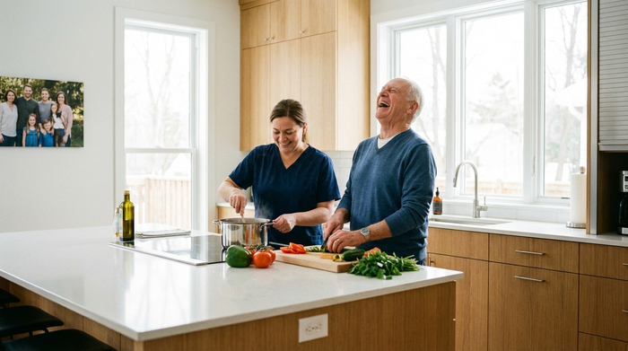 Eine engagierte, herzliche Betreuungskraft kocht gemeinsam mit einem lachenden Senior in einer modernen, gut beleuchteten Küche frisches Gemüse. Familiäre, unterstützende Stimmung ohne Text im Bild.