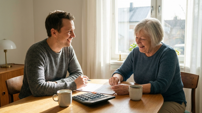 Ein erwachsener Sohn und seine ältere Mutter sitzen mit Dokumenten an einem aufgeräumten Schreibtisch und besprechen entspannt familiäre Angelegenheiten. Ein Taschenrechner und zwei Kaffeetassen stehen auf dem Tisch, helle Raumatmosphäre.