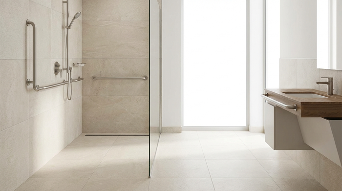 Ein modernes, barrierefreies Badezimmer mit einer geräumigen, ebenerdigen Dusche, eleganten Haltegriffen und rutschfesten, hellen Fliesen. Hell, sauber und sicher gestaltet, ohne Personen im Raum.
