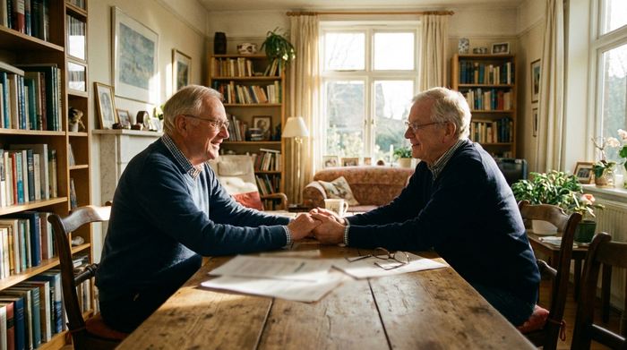 Ein älteres Ehepaar sitzt gemeinsam an einem Holztisch in einem gemütlichen Wohnzimmer und schaut sich entspannt an. Vor ihnen liegen unscharfe Unterlagen, sie wirken erleichtert und zufrieden. Warmes Sonnenlicht fällt durch das Fenster, realistische Szene, hohe Qualität.