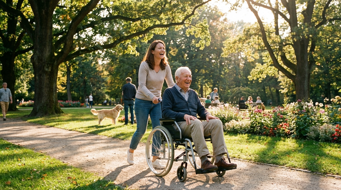 Eine herzliche Szene in einem gepflegten Park. Ein lächelnder Senior im Rollstuhl wird von seiner erwachsenen Tochter spazieren gefahren. Beide lachen und genießen den sonnigen Nachmittag unter großen, grünen Bäumen. Realistische Fotografie, harmonische Stimmung.