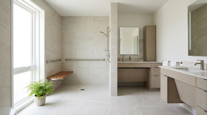 Ein modernes, helles und barrierefreies Badezimmer mit einer bodengleichen Dusche und dezenten Haltegriffen. Ein sicherer und komfortabler Raum für Senioren, elegant eingerichtet mit hellen Fliesen und einer kleinen Grünpflanze am Fenster. Keine Menschen, realistische Architekturfotografie.