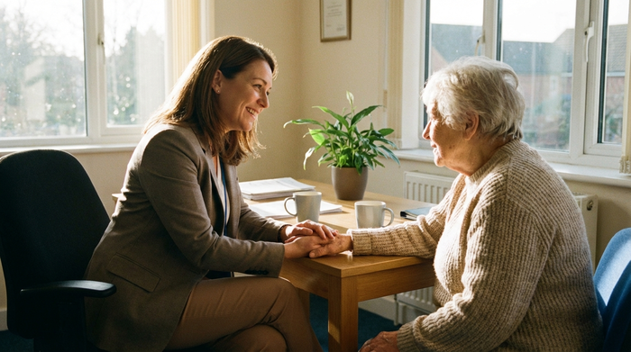 Eine freundliche Pflegeberaterin im Gespräch mit einer älteren Dame in einem lichtdurchfluteten Büro. Die Beraterin trägt ein professionelles Outfit und lächelt empathisch. Auf dem Tisch stehen zwei Kaffeetassen. Vertrauensvolle Atmosphäre, professionelle Fotografie.
