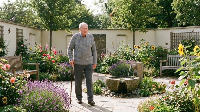 Ein älterer Herr mit grauem Pullover spaziert sicher und entspannt durch einen wunderschön angelegten, geschützten Sinnesgarten mit bunten Blumen und einem kleinen Wasserspiel. Warmer Sonnenschein und eine friedliche Stimmung.