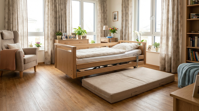 Ein gemütlich eingerichtetes Bewohnerzimmer in einem Pflegeheim. Ein modernes Pflegebett aus Holz ist fast bis auf den warmen Holzboden abgesenkt. Daneben liegt eine weiche Sturzmatte. Ein heller Raum mit wohnlichen Gardinen.