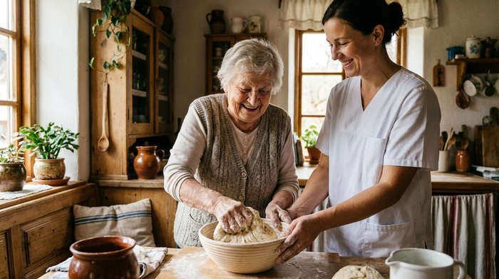 Eine ältere Dame knetet mit freudigem Gesichtsausdruck frischen Brotteig in einer rustikalen, gemütlichen Therapieküche. Eine freundliche Betreuungskraft steht lächelnd daneben und unterstützt sie. Warme Farben, Fokus auf die Hände und das Lächeln.