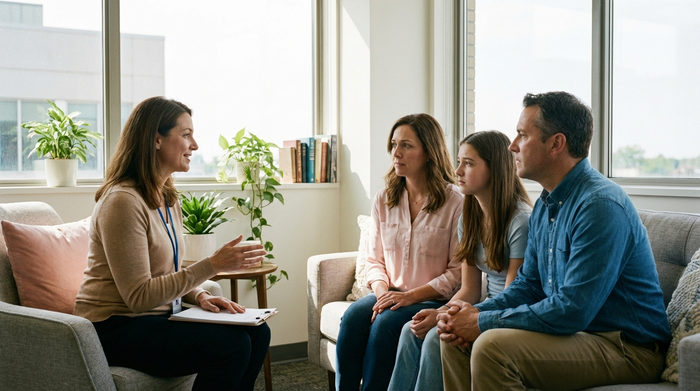 Eine professionelle Sozialarbeiterin im Krankenhausgespräch mit einer besorgten Familie. Helles Büro im Krankenhaus, freundliche Gestik, beruhigende Atmosphäre. Fotorealistisch, weiches Licht.