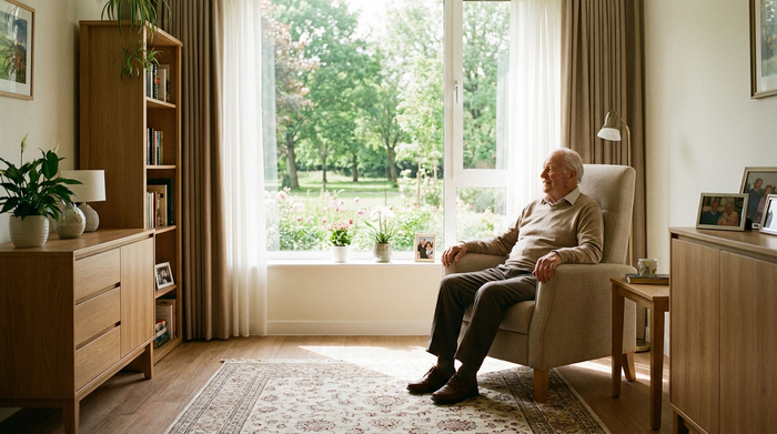 Ein älterer Herr sitzt entspannt in einem modernen, hellen Zimmer eines Pflegeheims und blickt zufrieden aus dem Fenster auf einen grünen Park. Gemütliche Einrichtung, warme Farben.