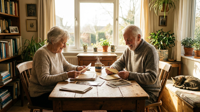 Ein älteres Ehepaar sitzt gemeinsam an einem Holztisch und sortiert in ruhiger Atmosphäre Dokumente. Eine Tasse Kaffee steht auf dem Tisch, sanftes Morgenlicht fällt durch das Fenster.