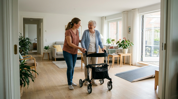 Eine freundliche Pflegekraft hilft einer lächelnden Seniorin beim Gehen im eigenen Zuhause. Modernes, barrierefreies Wohnzimmer, liebevoller Umgang, helle und freundliche Umgebung.