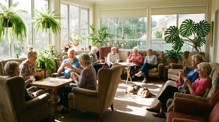 Eine fröhliche Gruppe von Senioren bei gemeinsamen Aktivitäten in einem sonnigen Aufenthaltsraum. Sie lachen und unterhalten sich, umgeben von Pflanzen und gemütlichen Sesseln.