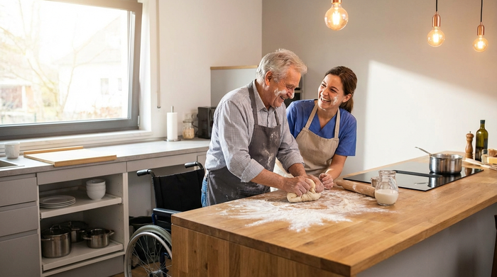 Ein älterer Herr mit grauem Haar und eine freundliche Pflegerin beim gemeinsamen Backen in einer modernen, barrierefreien Küche. Mehl auf dem Tisch, fröhliche Gesichter, warme Beleuchtung.