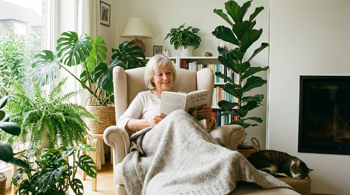 Eine entspannte, ältere Dame sitzt gemütlich in einem bequemen Ruhesessel und liest ein Buch. Ein weiches Plaid liegt über ihren Beinen. Ruhige, sichere Umgebung mit schönen Zimmerpflanzen.