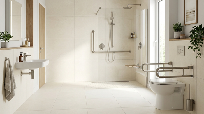 Ein modernes, barrierefreies Badezimmer mit einer bodengleichen Dusche, eleganten Haltegriffen an den Wänden und rutschfesten Fliesen. Hell, sauber, stilvoll und sicher gestaltet.