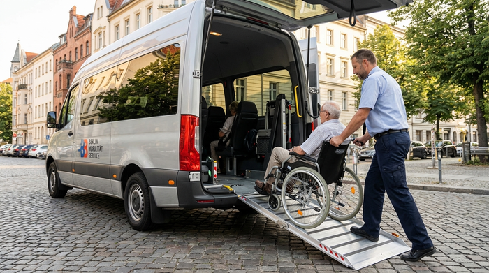Ein moderner Kleinbus mit ausgefahrener, stabiler Rampe am Heck. Ein Fahrer schiebt vorsichtig einen Senioren im Rollstuhl über die Rampe in den geräumigen Innenraum des Fahrzeugs.
