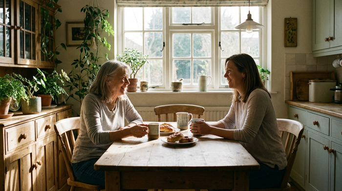 Eine ältere Frau und ihre Tochter sitzen entspannt an einem Holztisch, trinken Kaffee und lächeln sich glücklich an. Sonniges Licht fällt durch ein großes Fenster.