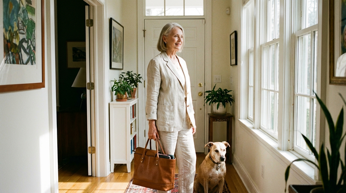 Eine ältere Dame steht fertig angezogen mit einer leichten Jacke und einer gepackten Handtasche im hellen Flur ihres Hauses und wartet entspannt auf ihre Abholung.