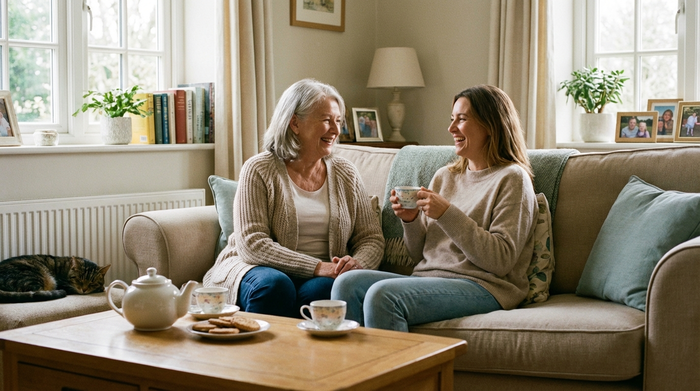 Eine ältere Dame und ihre erwachsene Tochter sitzen entspannt und glücklich auf einem Sofa im heimischen Wohnzimmer. Sie trinken Tee und unterhalten sich innig. Friedliche, harmonische Stimmung.