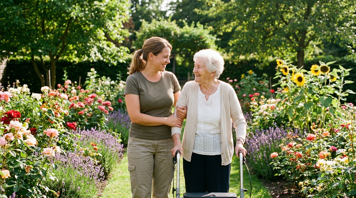 Eine einfühlsame Pflegekraft spaziert mit einer Seniorin durch einen gepflegten, sonnigen Garten mit bunten Blumenbeeten. Beide lächeln sich freundlich an. Natürliches Sonnenlicht, grüne Umgebung.