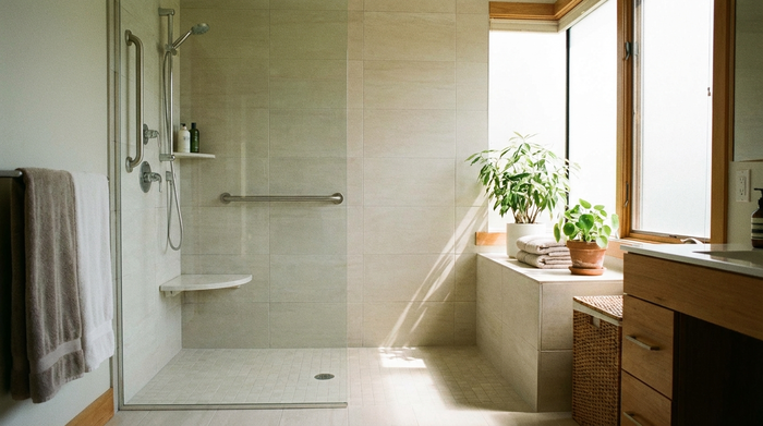 Ein gepflegtes, sauberes Badezimmer mit barrierefreier Dusche und hellen Fliesen, durch das Fenster fällt sanftes Sonnenlicht. Realistische, ordentliche Umgebung ohne Text.