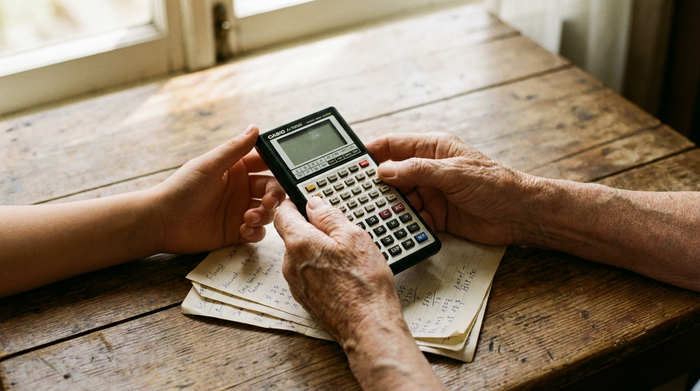 Zwei Hände, eine jüngere und eine ältere, halten gemeinsam einen kleinen Taschenrechner und einige Papiere auf einem Holztisch. Sanftes Licht, fokussierte Szene.