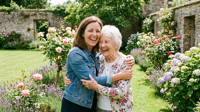 Eine erwachsene Tochter umarmt ihre ältere Mutter herzlich im Garten. Beide lachen unbeschwert, umgeben von blühenden Pflanzen und grünem Rasen.