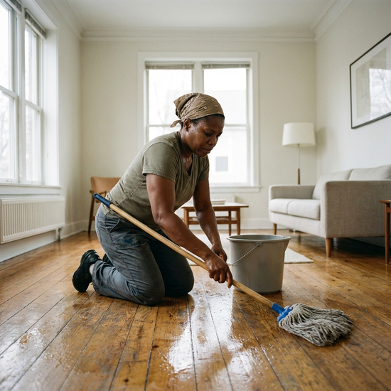 Eine engagierte Reinigungskraft wischt sorgfältig einen Holzboden im Wohnzimmer mit einem Wischmopp. Helles, aufgeräumtes Zimmer, Fokus auf die körperliche Reinigungstätigkeit.