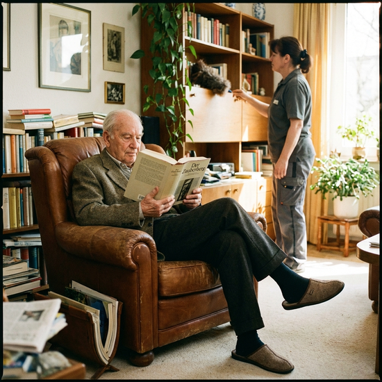 Ein älterer Herr sitzt entspannt in einem bequemen Sessel und liest ein Buch, während im Hintergrund eine Reinigungskraft unauffällig Staub wischt.