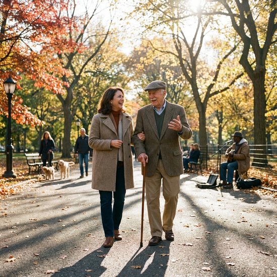 Eine empathische Alltagsbegleiterin spaziert mit einem fröhlichen Senior durch einen grünen Park an einem sonnigen Herbsttag. Beide unterhalten sich angeregt.