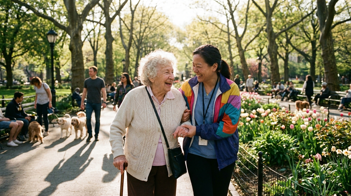 Eine ältere Dame wird von einer fürsorglichen Betreuungskraft beim Spaziergang durch einen sonnigen Park gestützt. Beide lächeln entspannt und genießen die frische Luft.