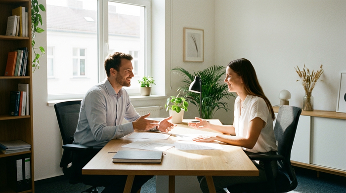 Zwei Erwachsene sitzen am Schreibtisch in einem aufgeräumten Büro und besprechen freundlich Dokumente. Seriöse Beratungssituation, helles Tageslicht, keine lesbaren Texte oder Diagramme.