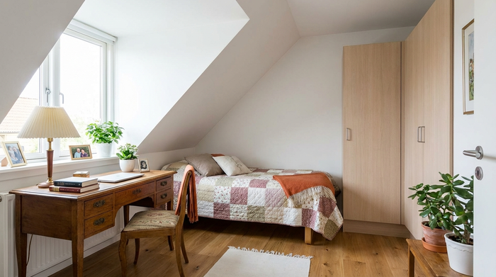 Ein gemütliches, hell eingerichtetes Schlafzimmer für eine Betreuungskraft mit einem bequemen Bett, einem Kleiderschrank und einem kleinen Schreibtisch am Fenster. Einladend und ordentlich.