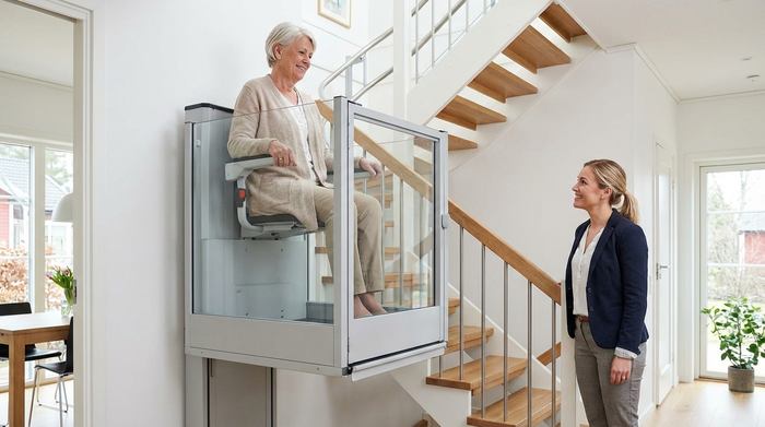 Ein moderner, sicherer Treppenlift in einem gepflegten Einfamilienhaus. Eine Seniorin sitzt entspannt darauf und fährt die Treppe hinauf, während die Betreuungskraft unten lächelnd zuschaut.