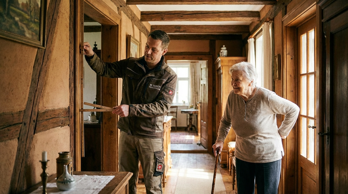 Ein erfahrener Reha-Techniker in gepflegter Arbeitskleidung misst mit einem Zollstock die Türbreite in einem gemütlichen, älteren Fachwerkhaus ab, während eine ältere Dame freundlich zuschaut. Realistische, alltägliche Szene in einem gut beleuchteten Flur.