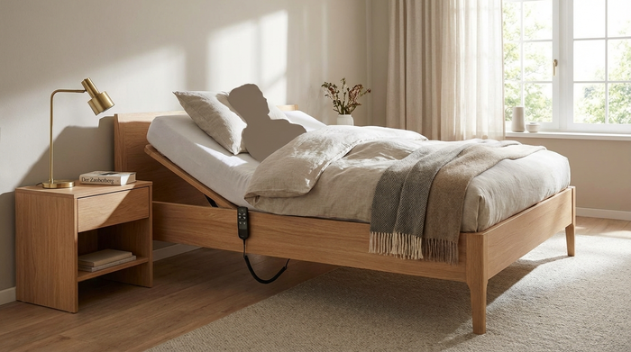 Ein modernes, elektrisch verstellbares Pflegebett aus hellem Holz steht in einem aufgeräumten, wohnlichen Schlafzimmer. Das Kopfteil ist leicht aufgerichtet. Auf dem Nachttisch steht eine elegante Leselampe und ein Buch.