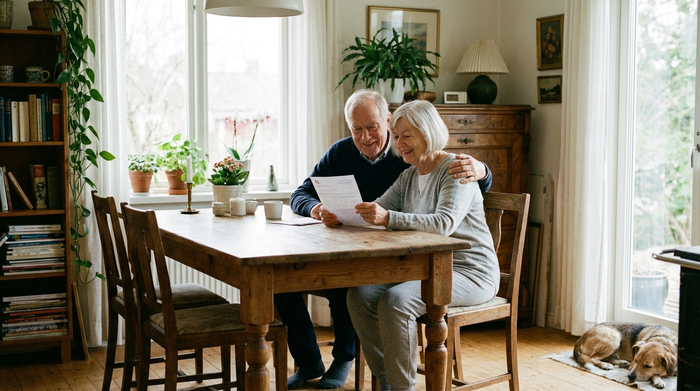 Ein älteres Ehepaar sitzt gemeinsam an einem Holzesstisch und betrachtet erleichtert ein ärztliches Rezept. Die Stimmung ist positiv und entspannt, weiches Tageslicht erhellt den Raum.