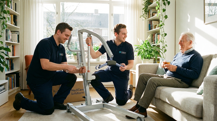 Zwei freundliche Lieferanten bauen sorgfältig ein medizinisches Gerät in einem hellen Wohnzimmer auf. Ein Senior beobachtet den Vorgang interessiert und entspannt von seinem Sofa aus.