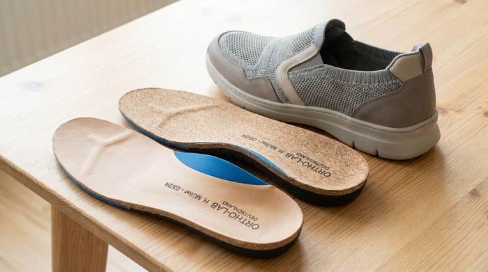 Nahaufnahme von hochwertigen orthopädischen Maßeinlagen, die neben einem bequemen, modernen Senioren-Freizeitschuh auf einem hellen Holztisch liegen. Sanftes Tageslicht, saubere und medizinische Ästhetik.
