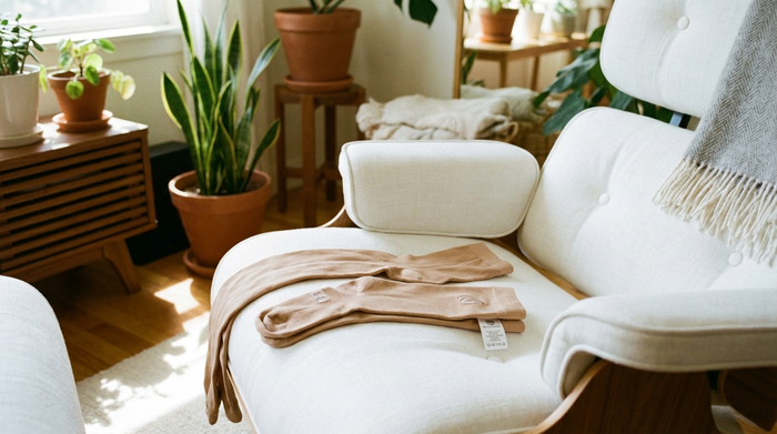 Ein Paar hautfarbene, hochwertige medizinische Kompressionsstrümpfe liegen ordentlich gefaltet auf einem weißen Sessel in einem hellen, aufgeräumten Wohnzimmer. Ruhige und pflegende Atmosphäre.