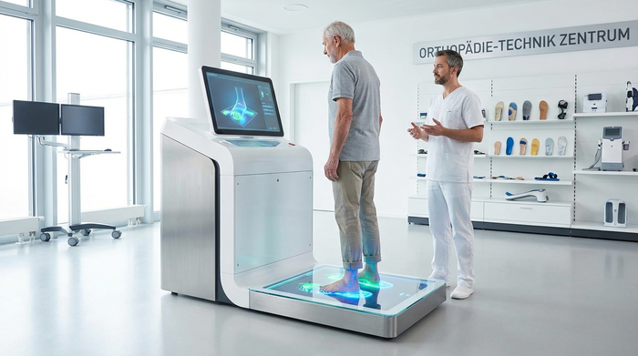 Ein moderner, leuchtender 3D-Fußscanner in einem hellen, sauberen Sanitätshaus. Ein älterer Herr steht barfuß auf der sauberen Glasplatte des Geräts. Medizinische, fortschrittliche und professionelle Umgebung.