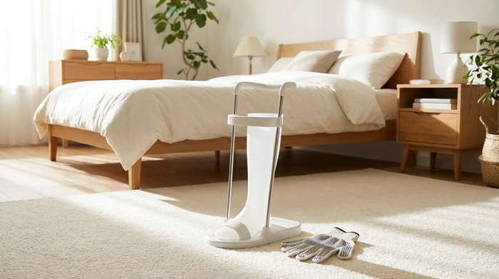 Eine praktische Anziehhilfe aus weißem Kunststoff und Metall für Kompressionsstrümpfe steht auf einem sauberen Teppichboden. Daneben liegen spezielle Gumminoppenhandschuhe. Helles, freundliches Schlafzimmer.