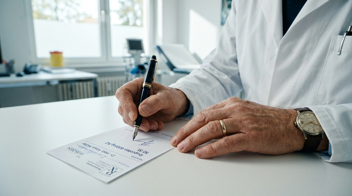 Eine Nahaufnahme der Hände eines Arztes im weißen Kittel, der mit einem edlen Kugelschreiber ein Rezeptformular ausfüllt. Im Hintergrund ist eine helle, professionelle Arztpraxis unscharf zu erkennen.