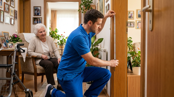 Ein kompetenter Sanitätshaus-Mitarbeiter in blauer Arbeitskleidung kniet im Flur einer gemütlichen Seniorenwohnung und misst mit einem Maßband sorgfältig die Breite eines Türrahmens. Eine ältere Dame schaut ihm freundlich zu.