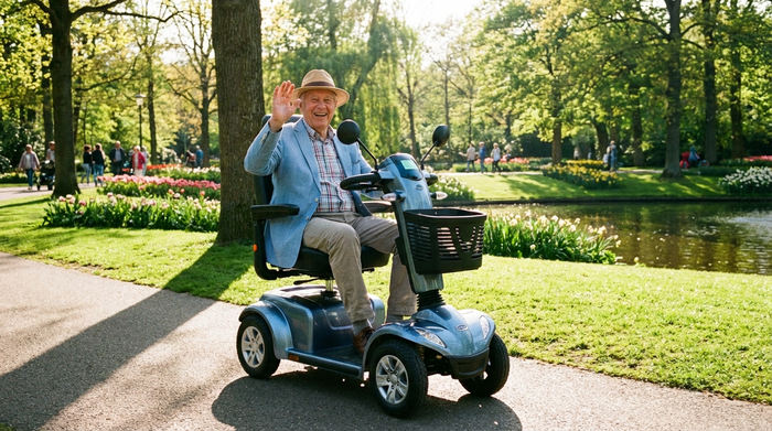 Ein rüstiger Senior fährt an einem sonnigen Tag mit einem modernen, vierrädrigen Elektromobil durch einen grünen Park. Er trägt eine leichte Jacke und lächelt entspannt und zufrieden.